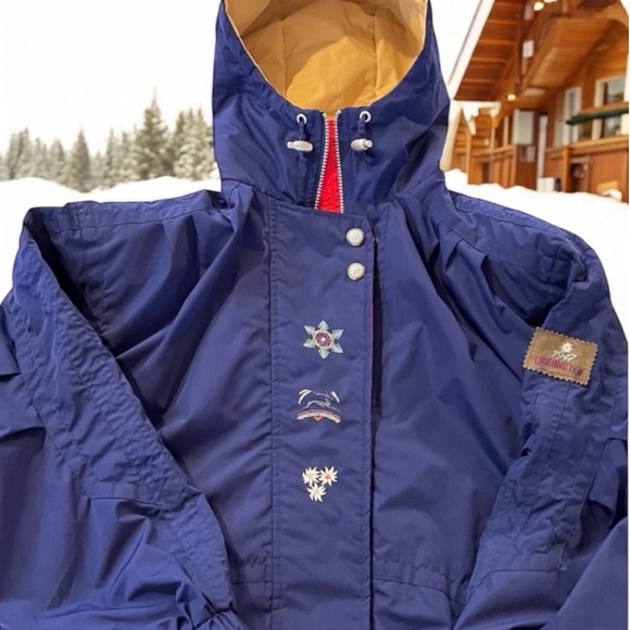Obermeyer Vintage Rosi Snow Jacket Shell Hooded Blue Gold and Red Women SZ10 - Picture 8 of 16